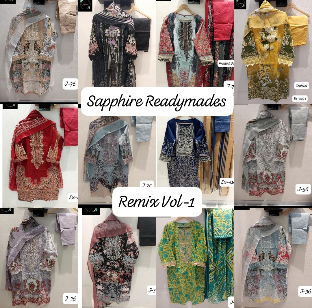 Jazmin Remix Vol 1 Sapphire Lawn Cotton Pakistani Readymade Suits Exporter Gujarat