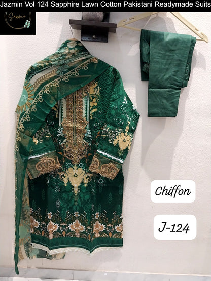 Jazmin Vol 124 Sapphire Lawn Cotton Pakistani Readymade Suits Exporter India