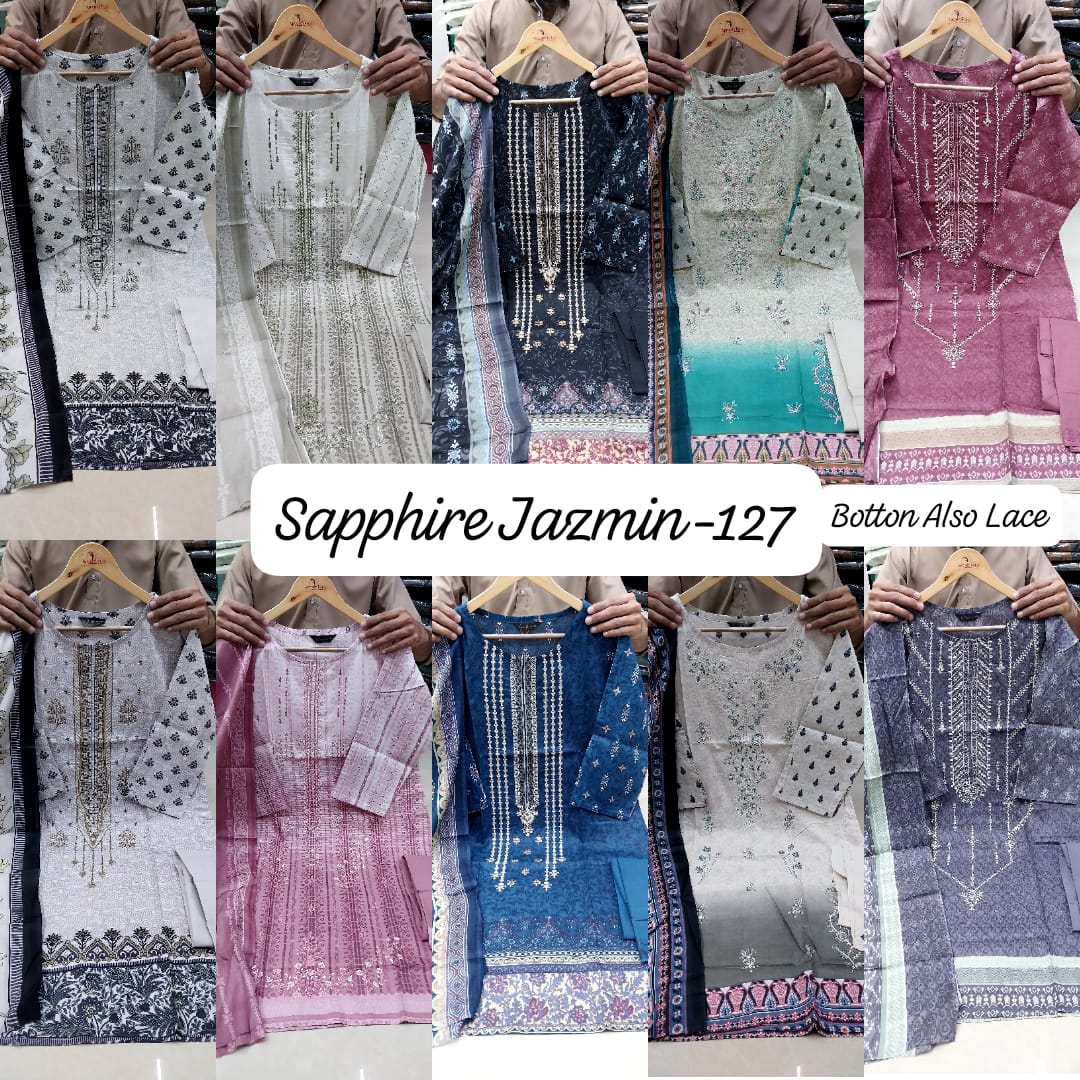 Jazmin Vol 127 Sapphire Lawn Cotton Pakistani Readymade Suits Manufacturer Gujarat