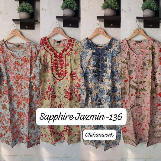 Jazmin Vol 136 Sapphire Lawn Cotton Karachi Readymade Suits Wholesaler