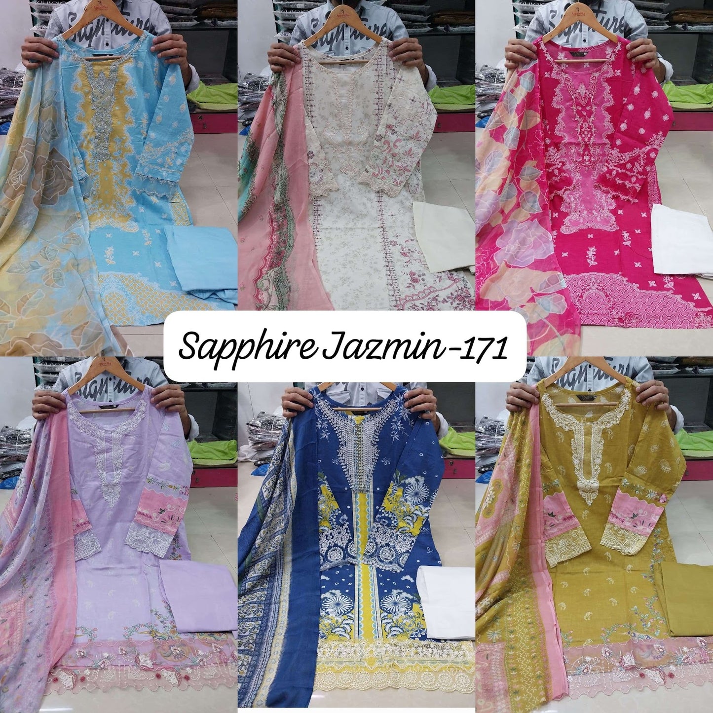 Jazmin Vol 171 Sapphire Lawn Cotton Karachi Readymade Suits Wholesale