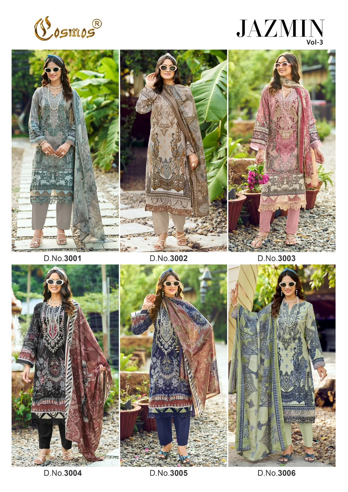 Jazmin Vol 3 Cosmos Fashion Lawn Cotton Karachi Salwar Suits Wholesale Rate