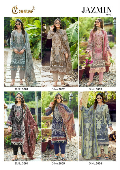Jazmin Vol 3 Cosmos Fashion Lawn Cotton Karachi Salwar Suits Wholesale Rate