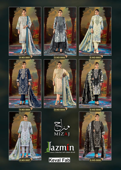 Jazmin Vol 5 Mizaj Keval Fab Mix Cotton Karachi Salwar Suits Wholesale Rate