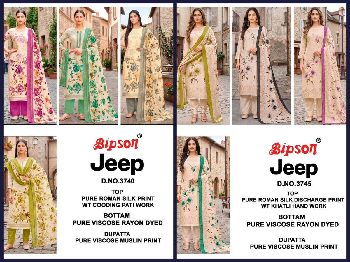 Jeep Wranglar 3740-3745 Bipson Prints Roman Silk Pant Style Suits Wholesaler Ahmedabad