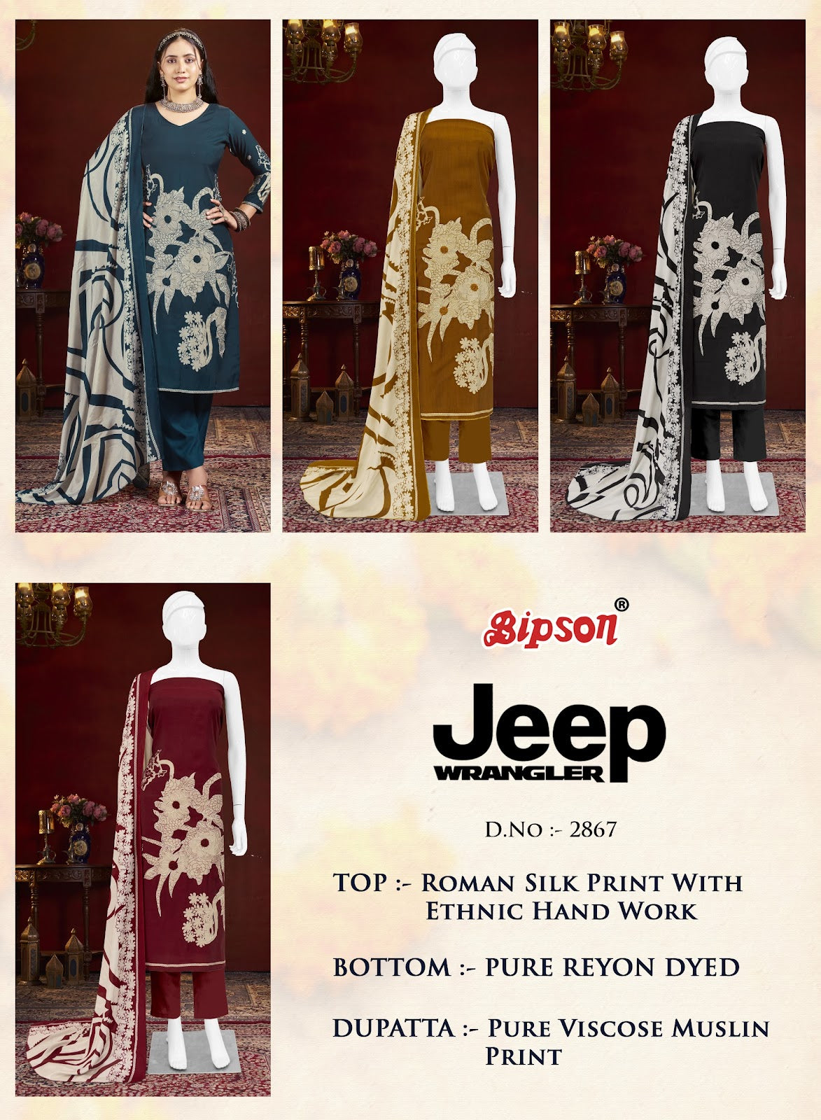Jeep Wranglar 2867 Bipson Prints Roman Silk Pant Style Suits Supplier Gujarat