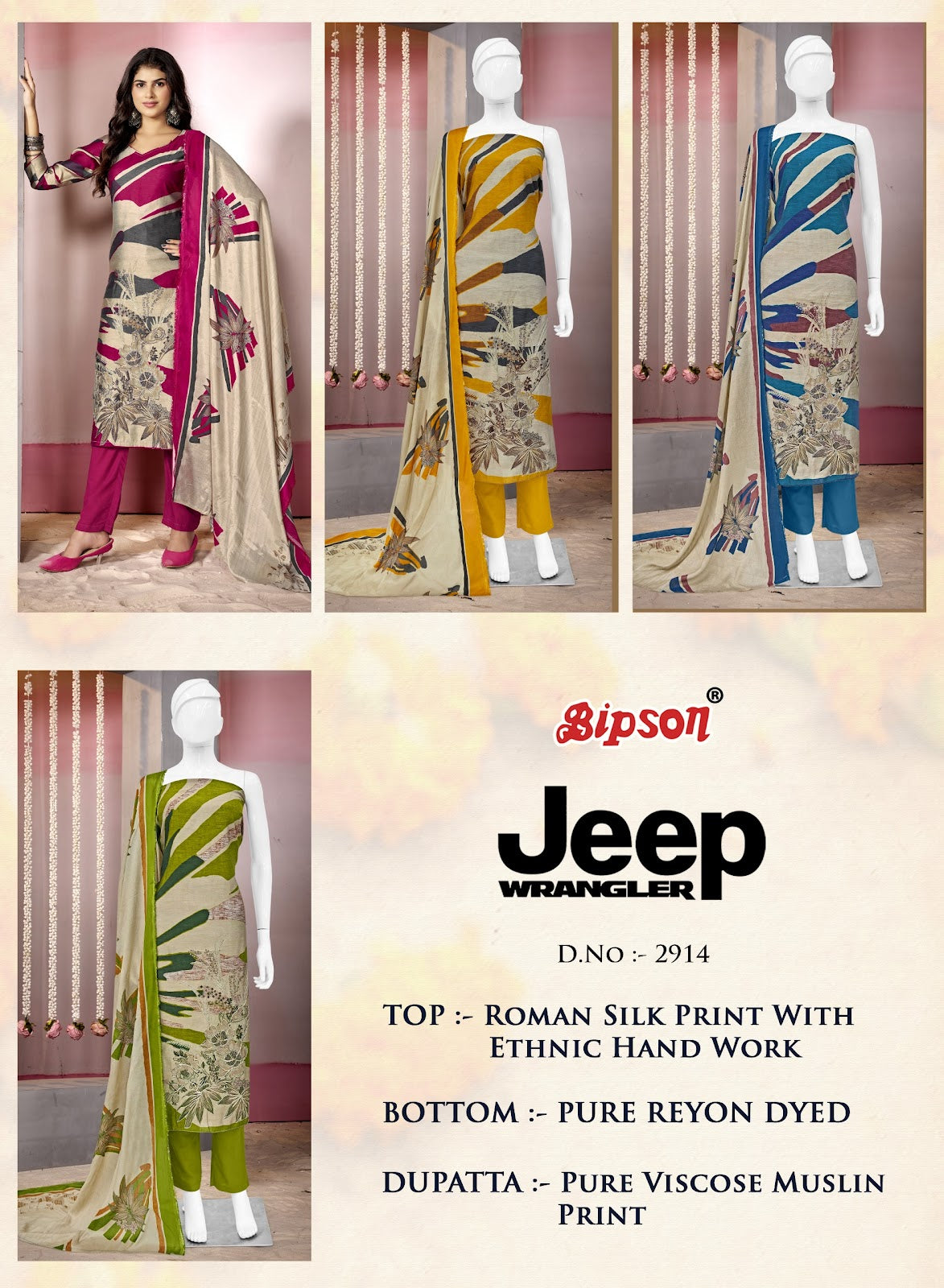 Jeep Wranglar 2914 Bipson Prints Roman Silk Pant Style Suits Wholesale Rate