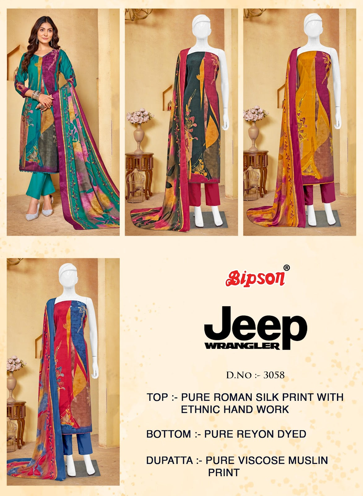 Jeep Wranglar 3058 Bipson Prints Roman Silk Pant Style Suits Manufacturer Ahmedabad