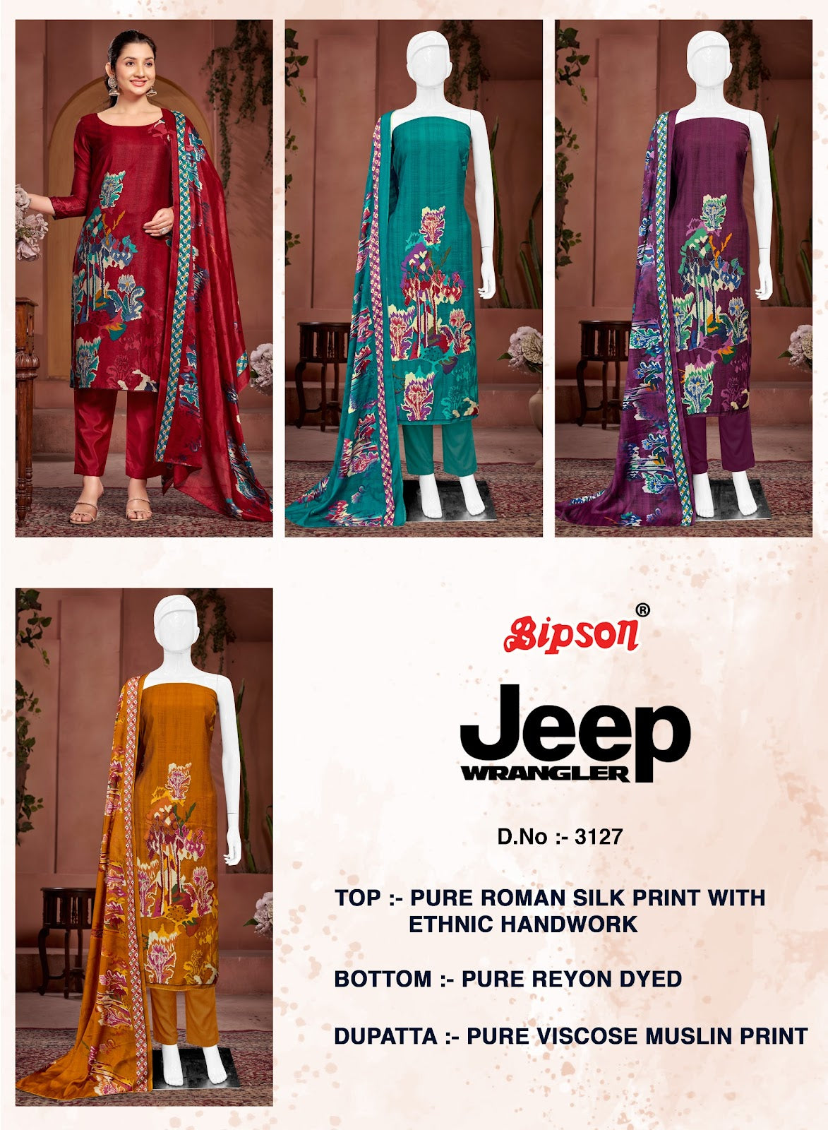 Jeep Wranglar 3127 Bipson Prints Roman Silk Pant Style Suits Wholesale