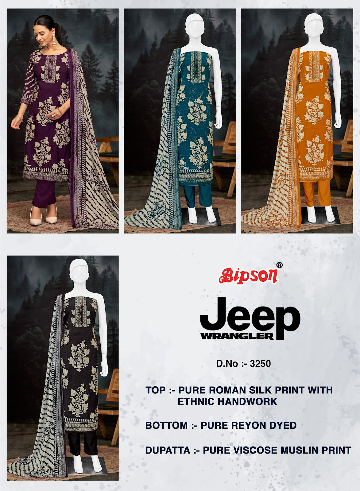 Jeep Wranglar 3250 Bipson Prints Roman Silk Pant Style Suits Supplier Ahmedabad