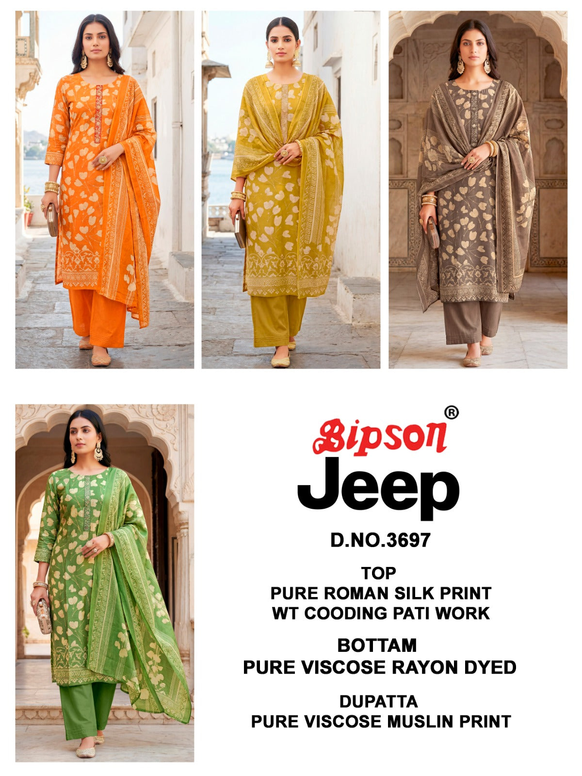 Jeep Wranglar 3697 Bipson Prints Roman Silk Pant Style Suits Wholesale Price