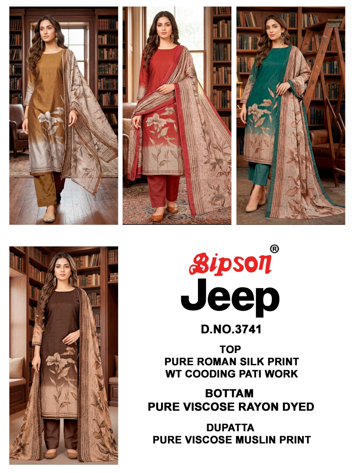 Jeep Wranglar 3741 Bipson Prints Roman Silk Pant Style Suits Wholesaler Ahmedabad