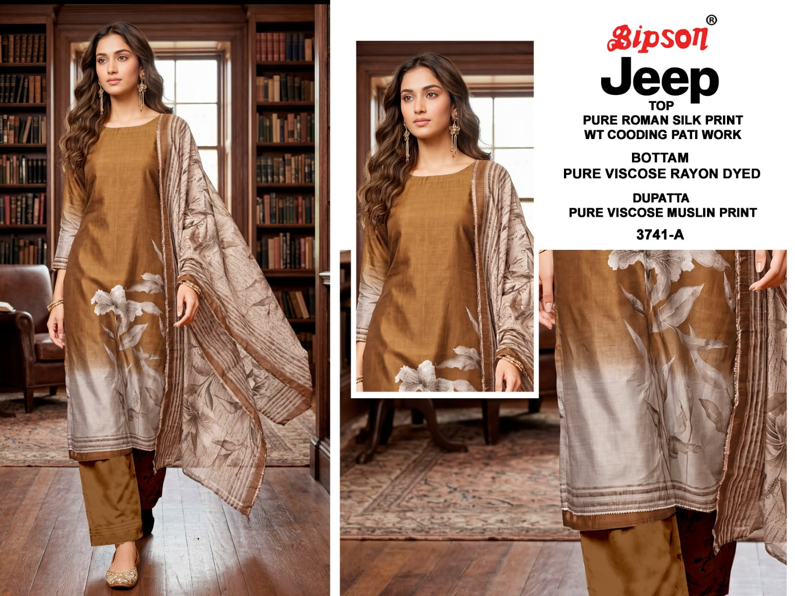 Jeep Wranglar 3741 Bipson Prints Roman Silk Pant Style Suits Wholesaler Ahmedabad