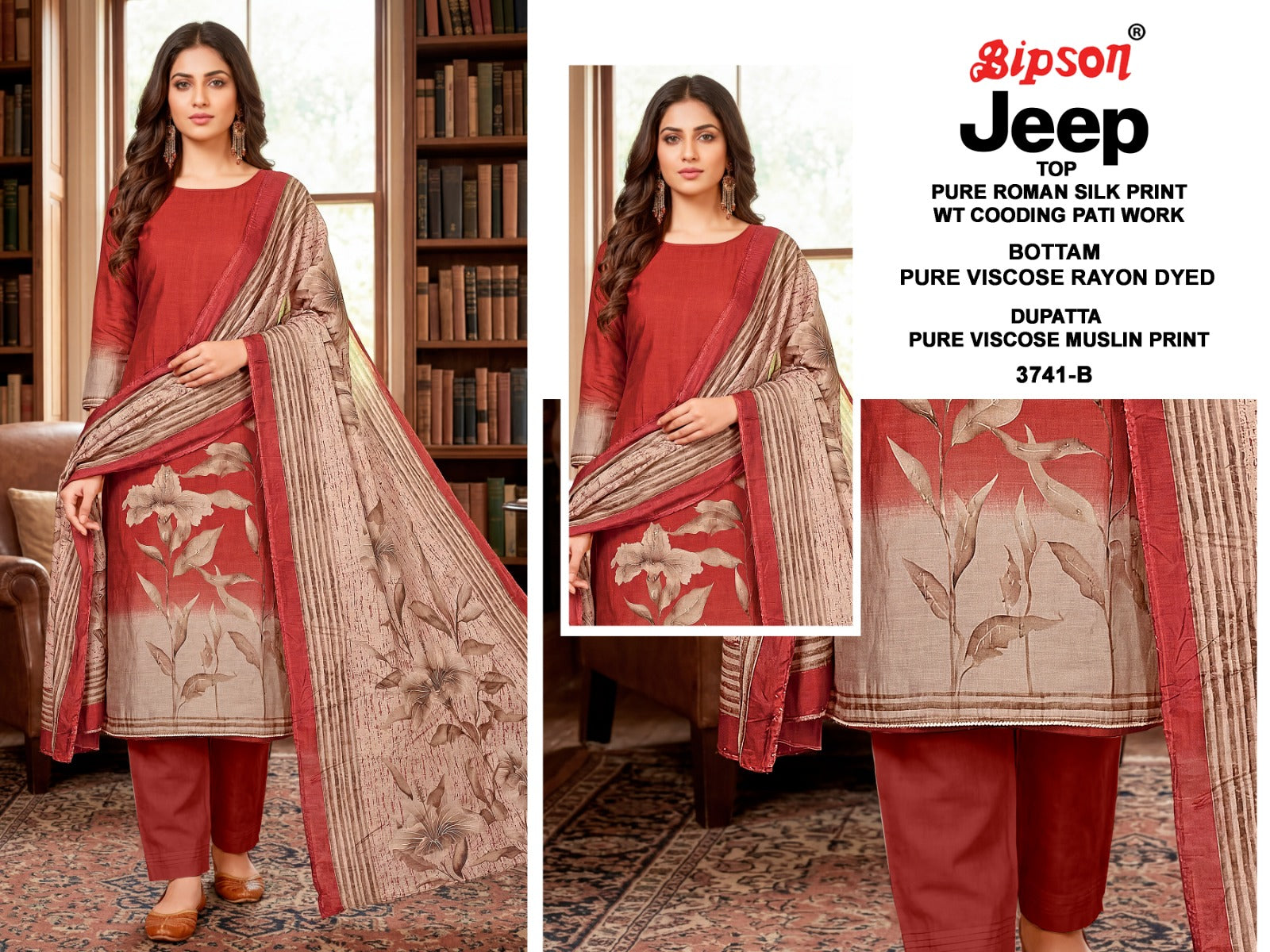 Jeep Wranglar 3741 Bipson Prints Roman Silk Pant Style Suits Wholesaler Ahmedabad