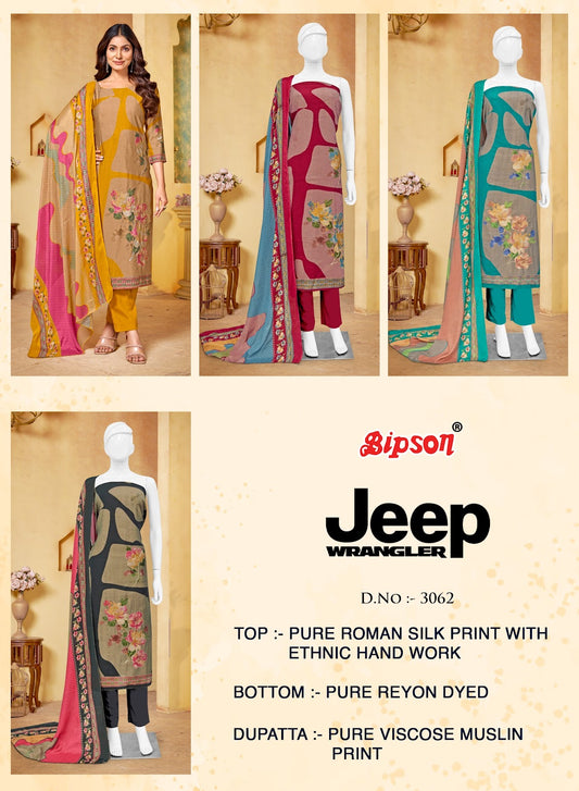 Jeep Wrangler-3062 Bipson Prints Roman Silk Pant Style Suits Wholesaler Ahmedabad