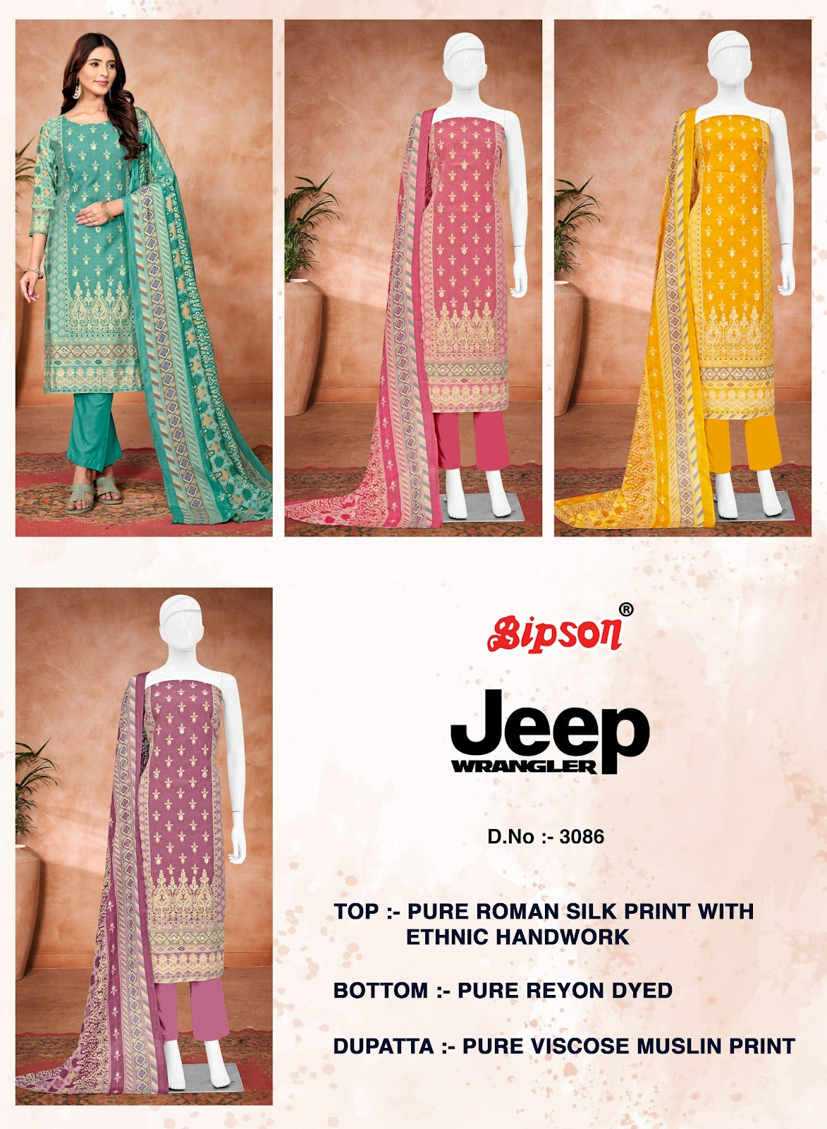 Jeep Wrangler-3086 Bipson Prints Roman Silk Pant Style Suits Wholesale Price
