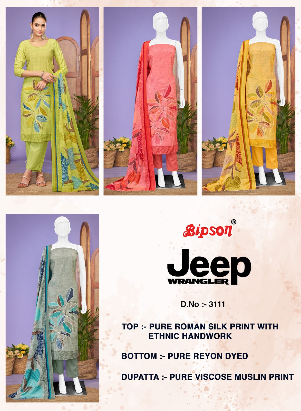 Jeep Wrangler-3111 Bipson Prints Roman Silk Pant Style Suits Exporter Ahmedabad