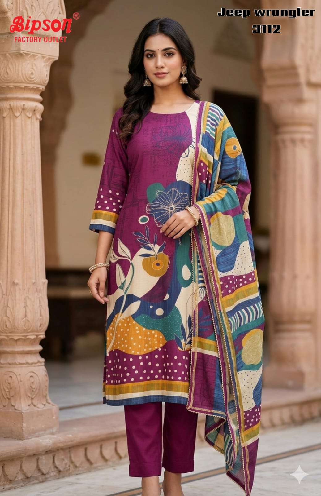 Jeep Wrangler 3112 Bipson Prints Roman Silk Readymade Pant Style Suits Manufacturer Gujarat