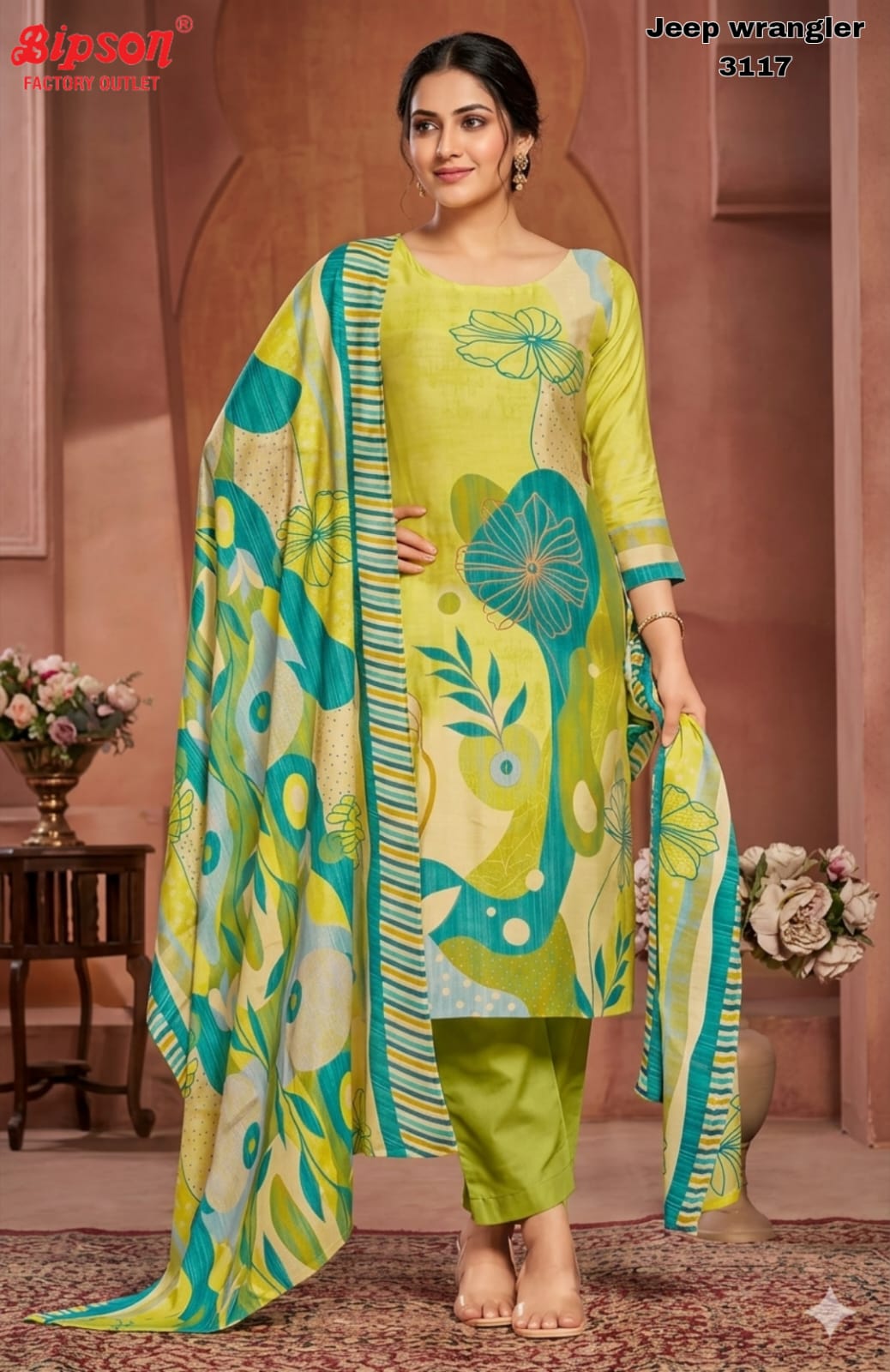 Jeep Wrangler 3117 Bipson Prints Roman Silk Readymade Pant Style Suits Exporter India