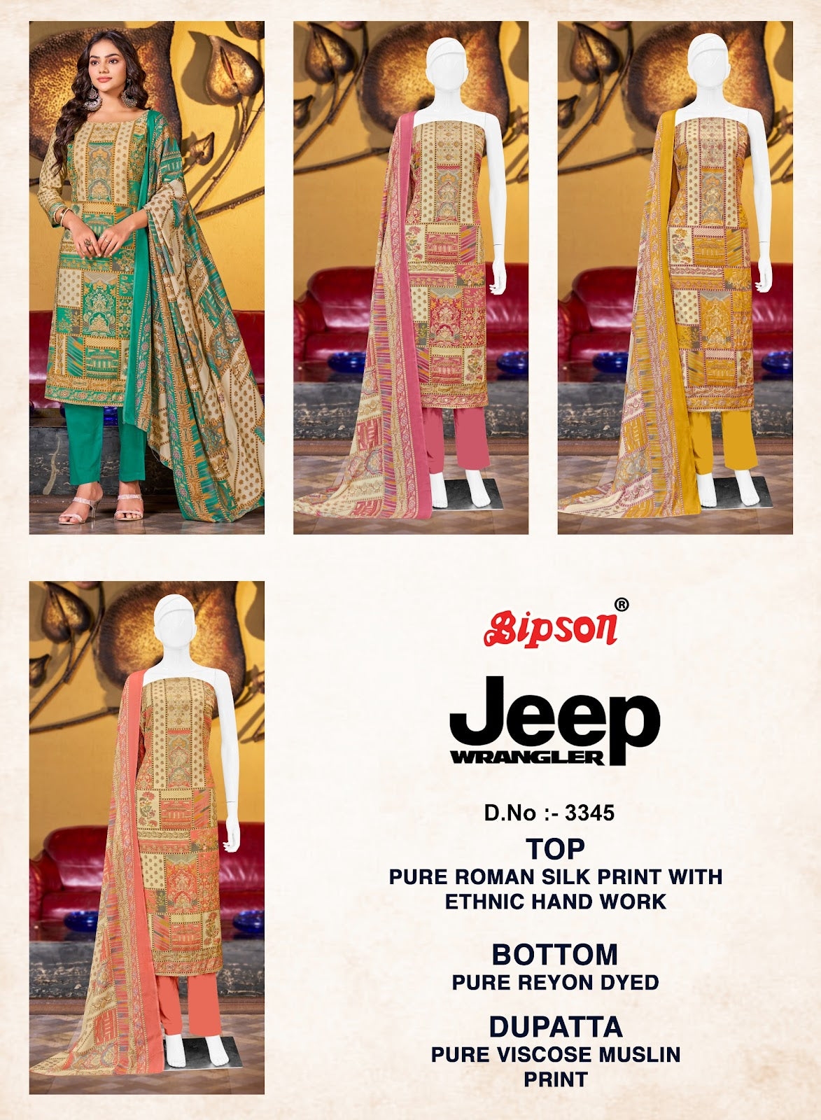 Jeep Wrangler 3345 Bipson Prints Roman Silk Pant Style Suits Supplier