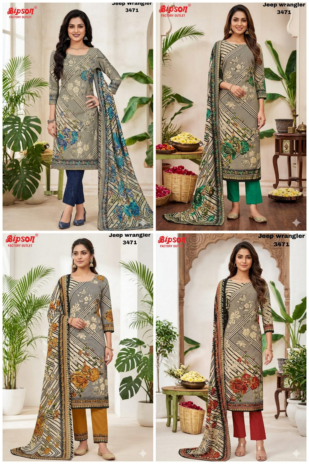 Jeep Wrangler 3471 Bipson Prints Roman Silk Readymade Pant Style Suits Wholesaler India