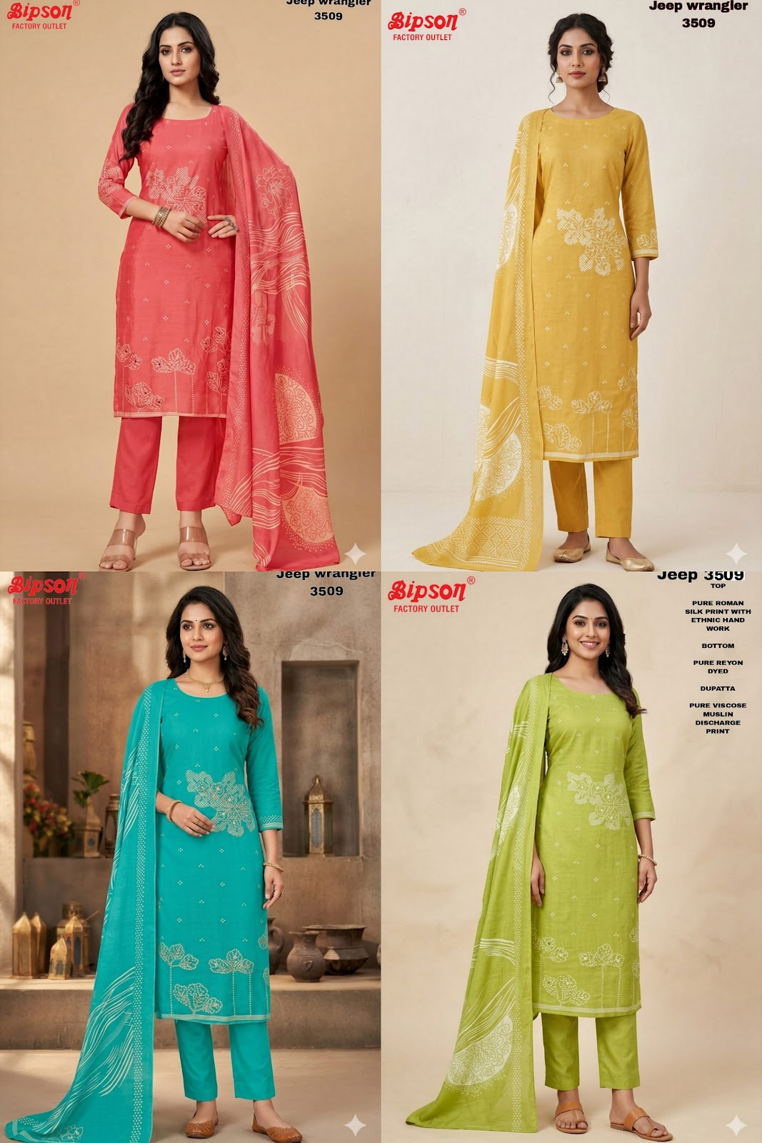 Jeep Wrangler 3509 Bipson Prints Roman Silk Readymade Pant Style Suits Wholesale Price