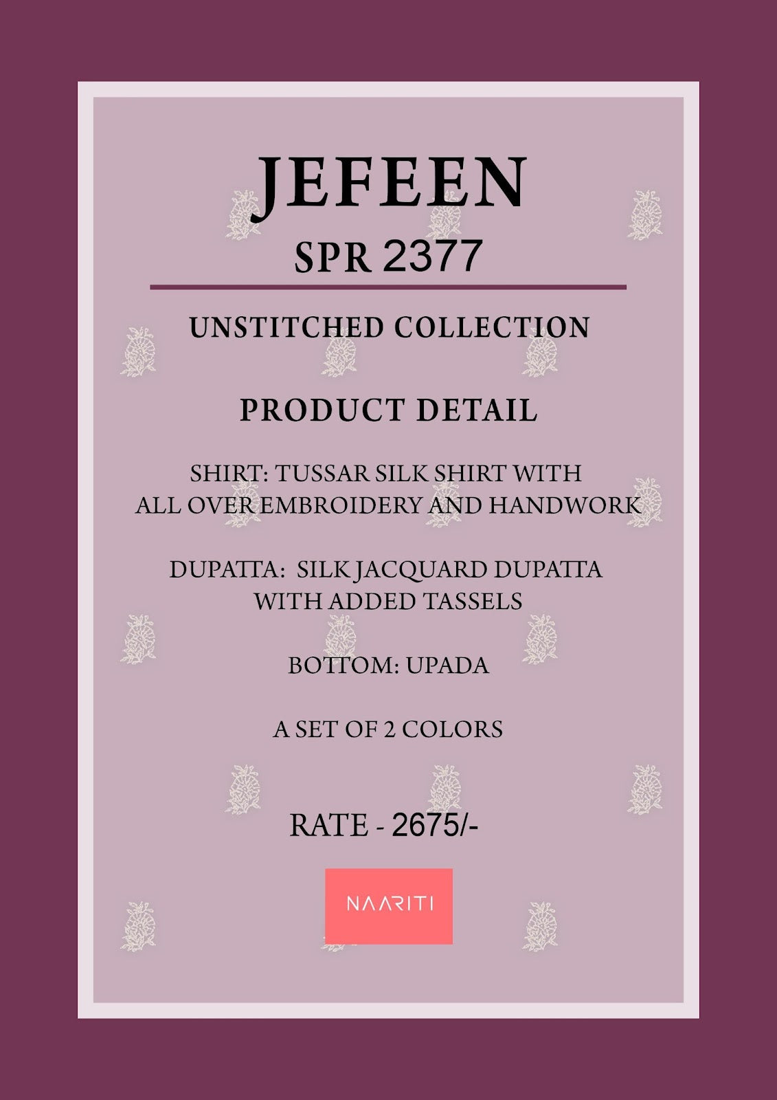 Jefeen Naariti Tussar Silk Salwar Suits Wholesale Price