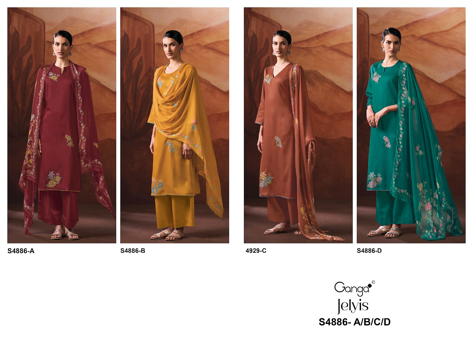 Jelyis S4886 Ganga Cotton Satin Plazzo Style Suits Wholesaler
