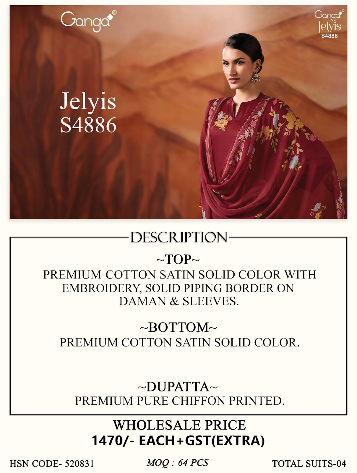 Jelyis S4886 Ganga Cotton Satin Plazzo Style Suits Wholesaler