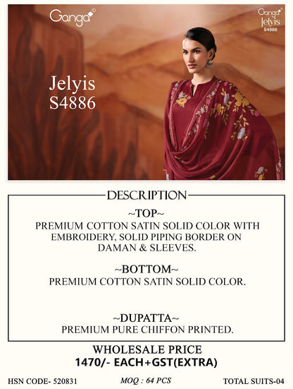 Jelyis S4886 Ganga Cotton Satin Plazzo Style Suits Wholesaler