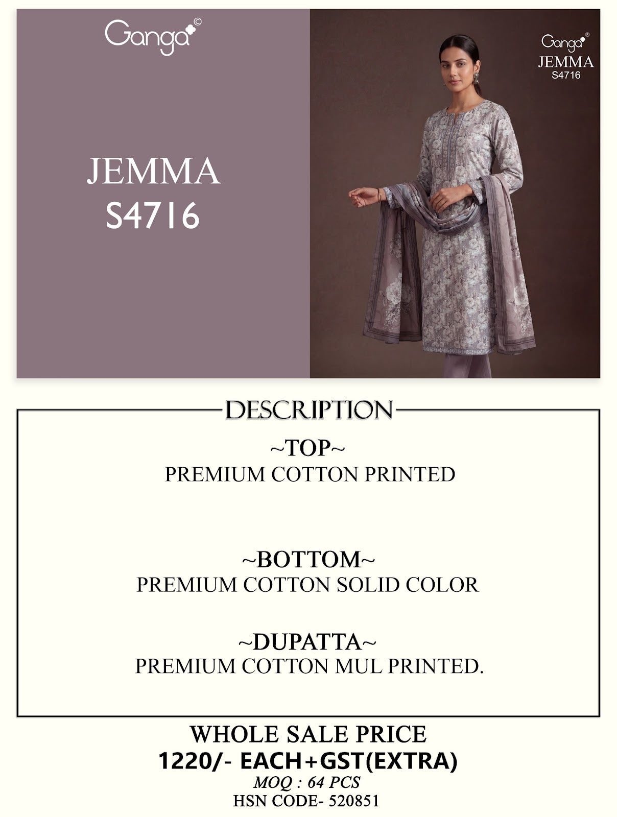 Jemma 4716 Ganga Cotton Pant Style Suits Manufacturer Ahmedabad