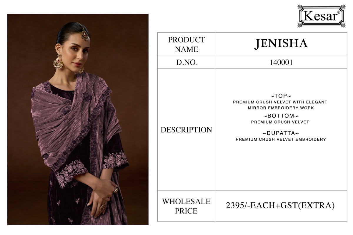Jenisha 140001 Kesar Crush Velvet Suits Supplier India