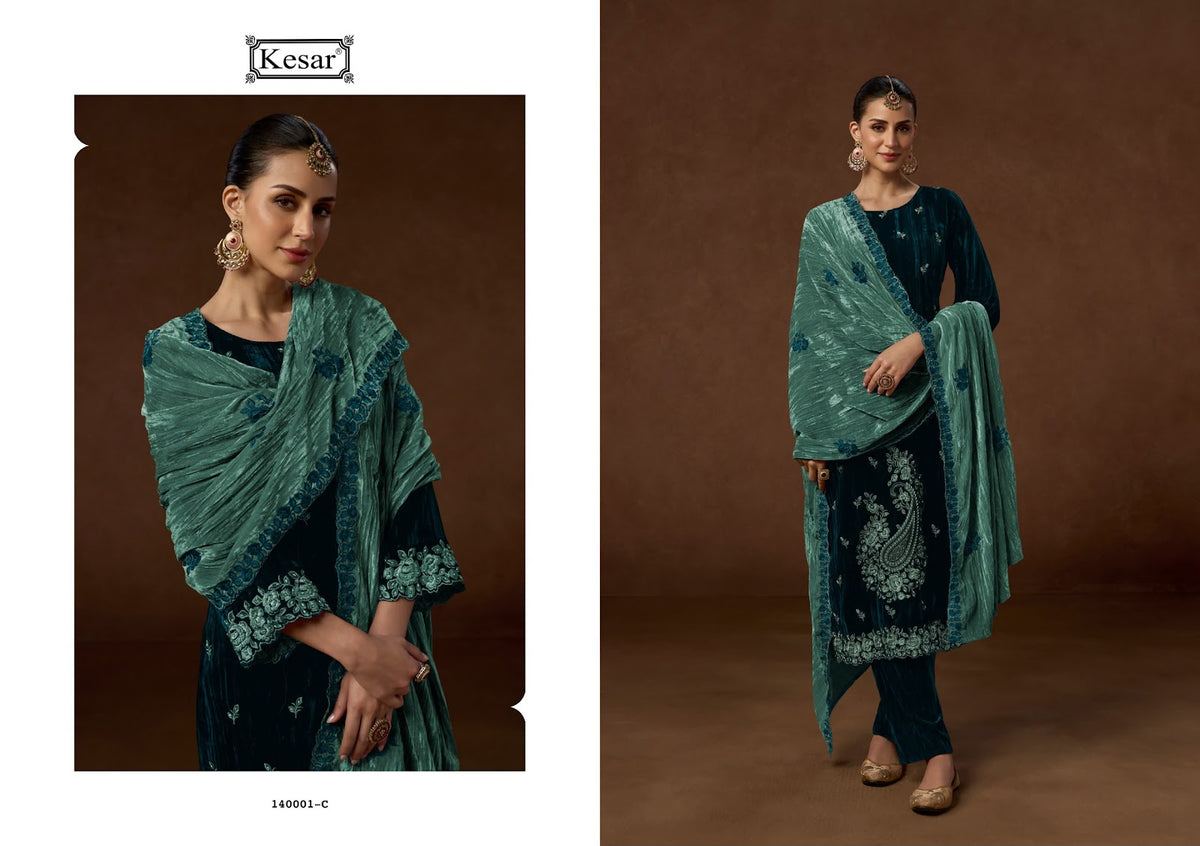 Jenisha 140001 Kesar Crush Velvet Suits Supplier India