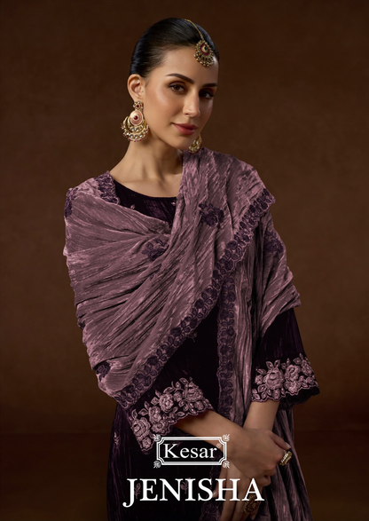 Jenisha 140001 Kesar Crush Velvet Suits Supplier India