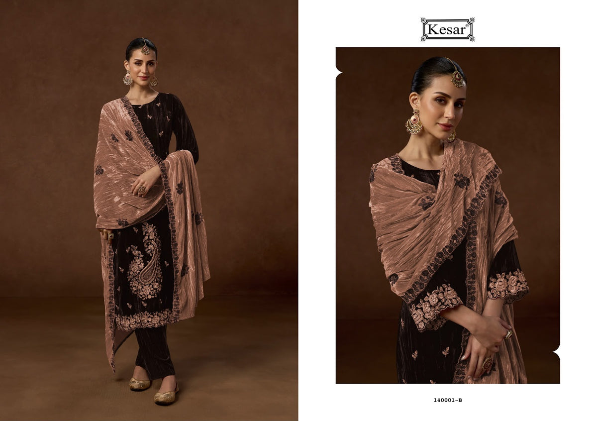 Jenisha 140001 Kesar Crush Velvet Suits Supplier India