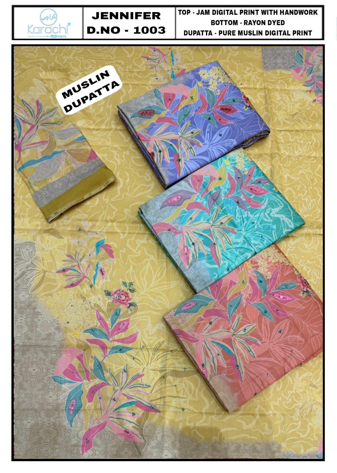 Jennifer Karachi Prints Pure Jam Salwar Suits Manufacturer India