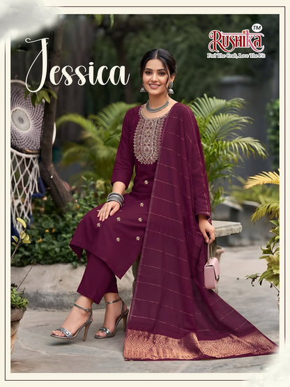 Jessica Rushika Vichitra Silk Readymade Pant Style Suits Supplier Ahmedabad
