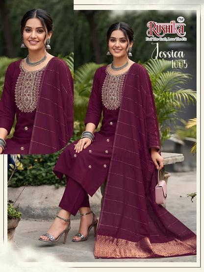 Jessica Rushika Vichitra Silk Readymade Pant Style Suits Supplier Ahmedabad