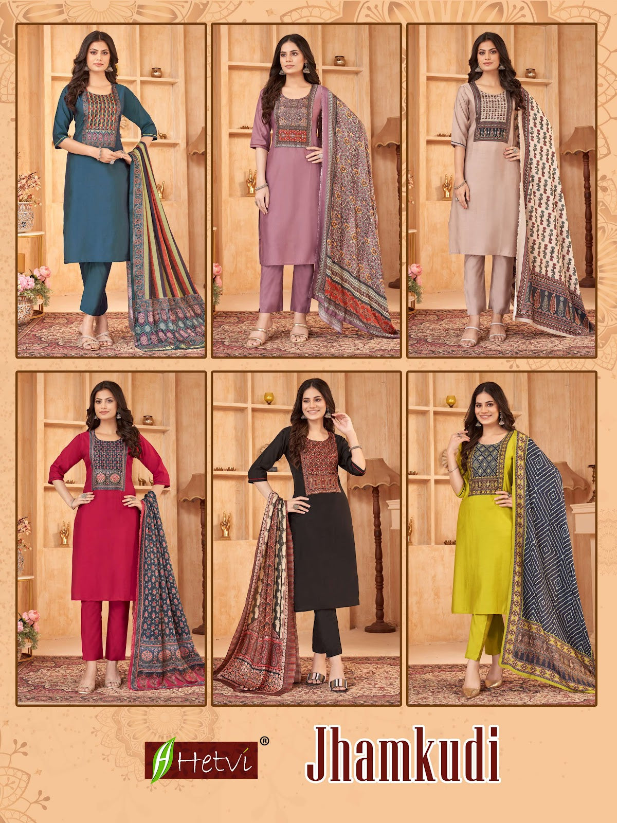 Jhamkudi Hetvi Roman Silk Readymade Pant Style Suits Supplier