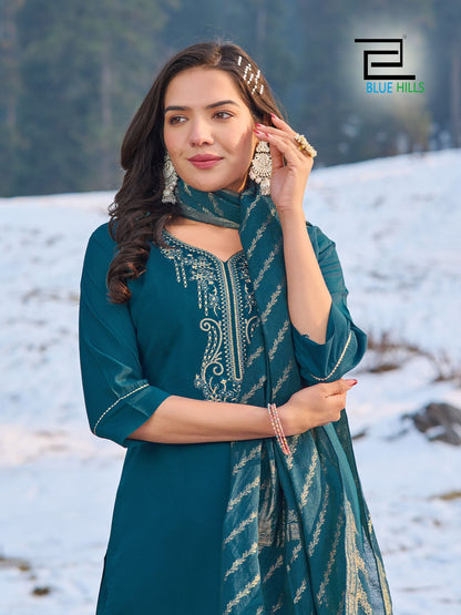 Jhanvi Vol 3 Blue Hills Roman Silk Readymade Pant Style Suits Wholesaler