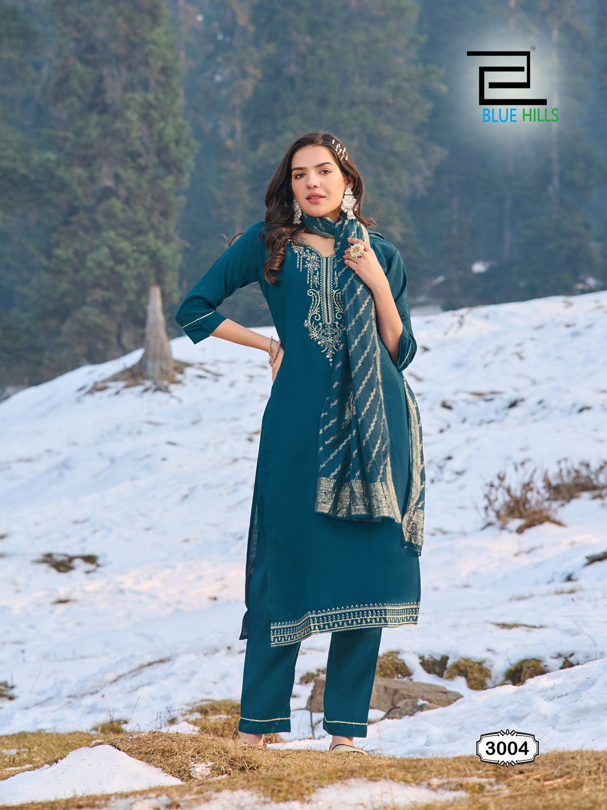 Jhanvi Vol 3 Blue Hills Roman Silk Readymade Pant Style Suits Wholesaler