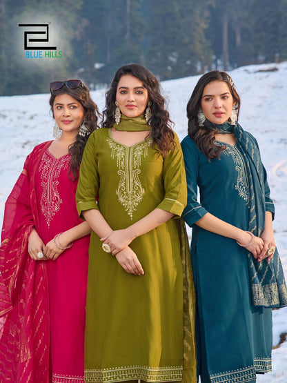 Jhanvi Vol 3 Blue Hills Roman Silk Readymade Pant Style Suits Wholesaler