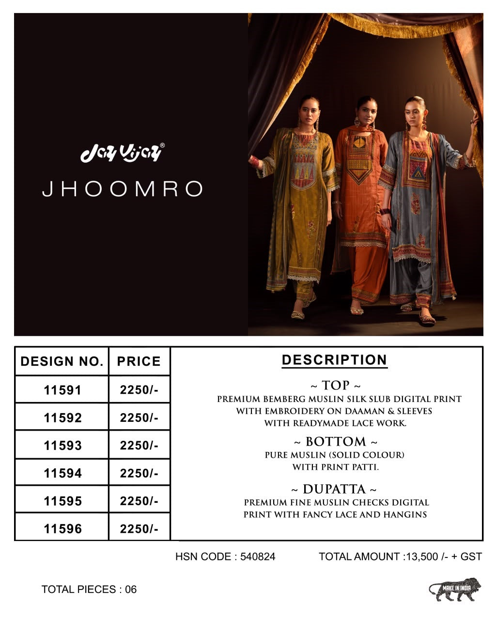 Jhoomro Jay Vijay Bemberg Muslin Plazzo Style Suits Exporter