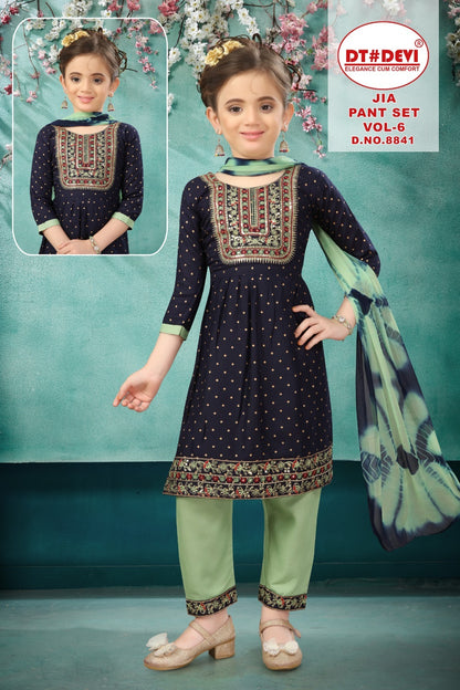 Jia Vol 6 Dn 8841 Dt Devi Rayon Girls Readymade Pant Suits Manufacturer India
