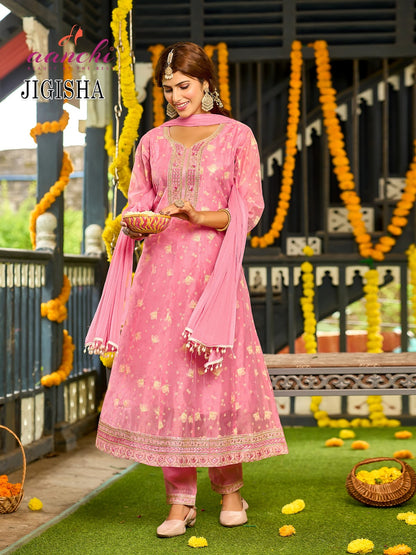 Jigisha Aanchi Modal Silk Readymade Anarkali Suits Wholesaler Ahmedabad