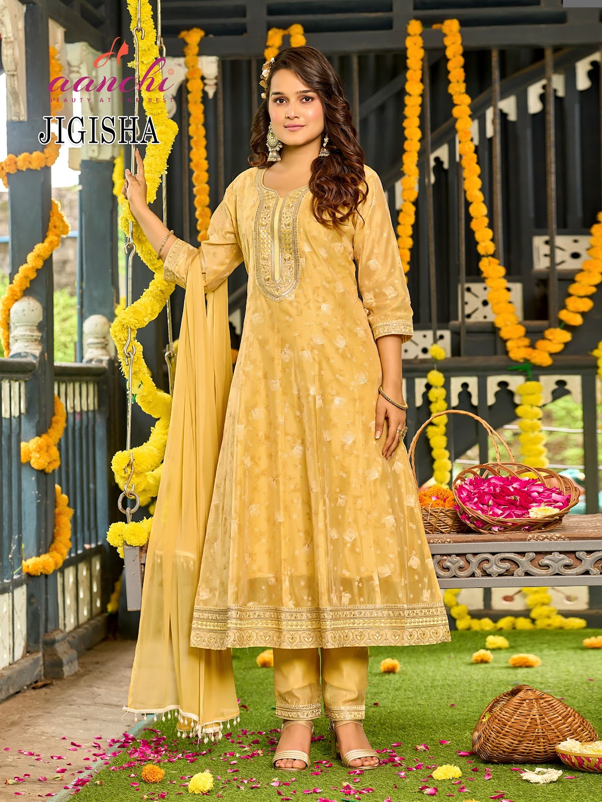 Jigisha Aanchi Modal Silk Readymade Anarkali Suits Wholesaler Ahmedabad
