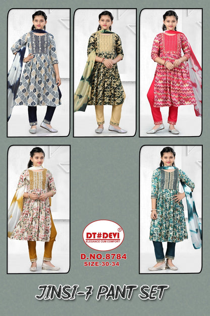 Jinsi Vol 7 8784 Dt Devi Rayon Girls Readymade Pant Suits Exporter Ahmedabad