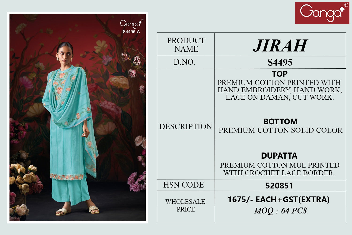 Jirah 4495 Ganga Cotton Plazzo Style Suits Wholesaler Gujarat