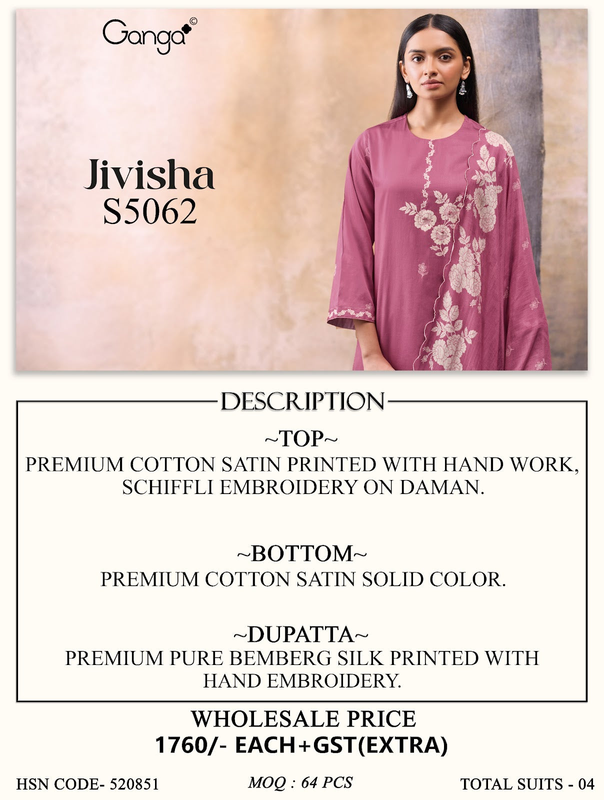 Jivisha S5062 Ganga Cotton Satin Plazzo Style Suits Wholesale Price
