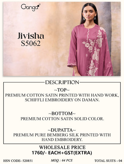 Jivisha S5062 Ganga Cotton Satin Plazzo Style Suits Wholesale Price